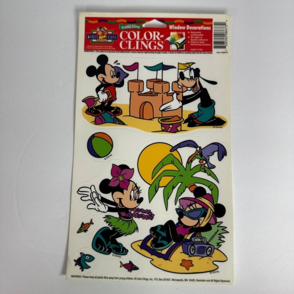 Vtg Color Cling Disney Mickey's Stuff Static‎ Window Decals MICKEY 90s beach